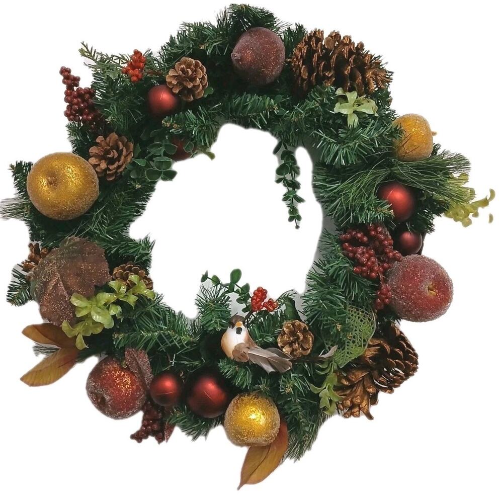 Partridge In Pear Tree Winter Door Wreath Realistic Holiday Crystal Fruit Apple